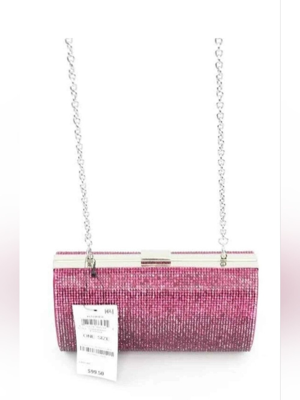 INC* Fuschia Colored Sequin Clutch Purse with Silver Chain Strap. Hard Shell